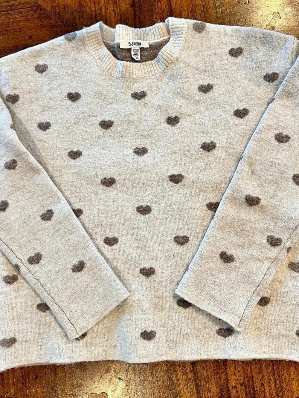 Splendid Collection Heart Print Crewneck Sweater in White & Brown Size Small